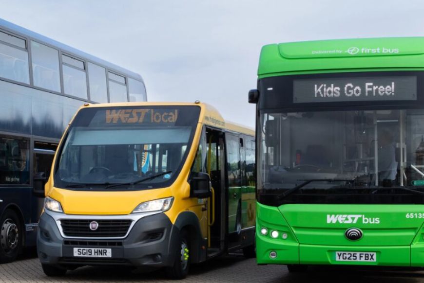 Buses from WEST lined up, one saying Kids go Free